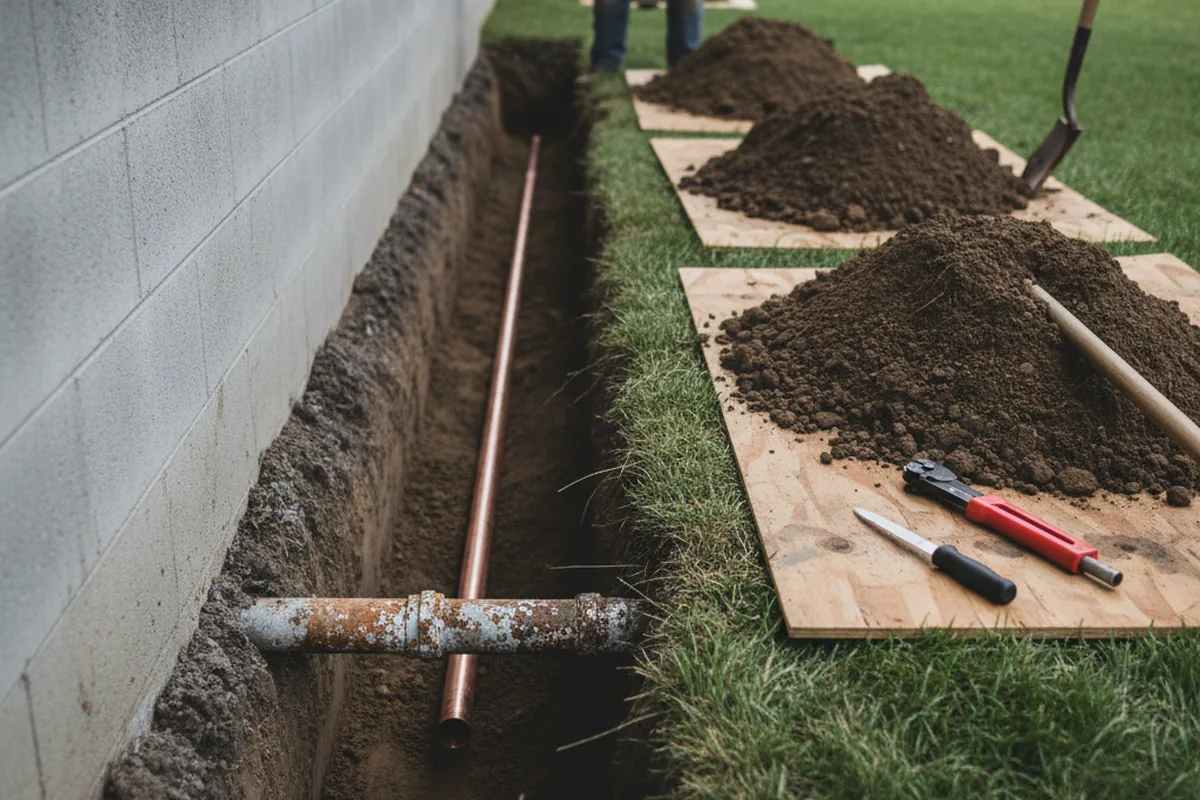 Excavated water line trench during Water Heater Repair in Exmore